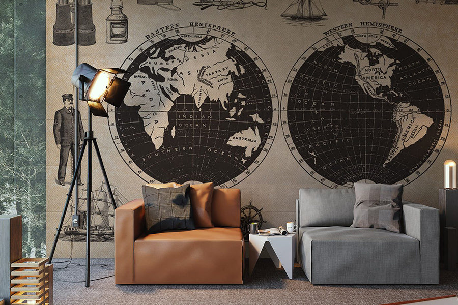 3D Look Kids World Map with Compass Wallpaper Mural