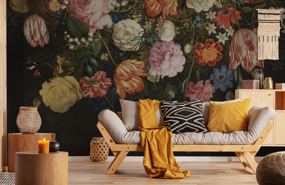 Exquisite floral mural wallpaper in vibrant multicolour. Modern sofa, light wood flooring, cosy bohemian decor.