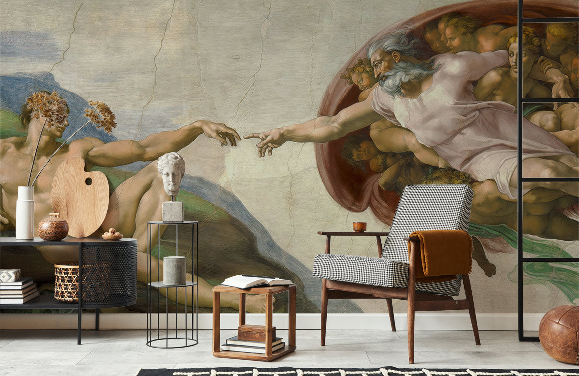 Renaissance Masterpiece mural wallpaper with artistic fresco, grey armchair, wooden stool, dark metal shelf.