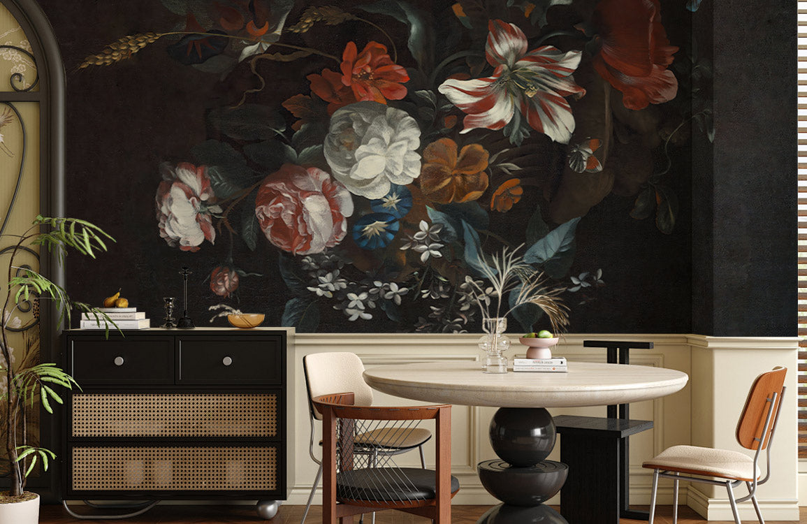 Elegant Dark Floral Dutch Mural Wallpaper, black cabinet, round table, dark wall, colourful dining chairs.