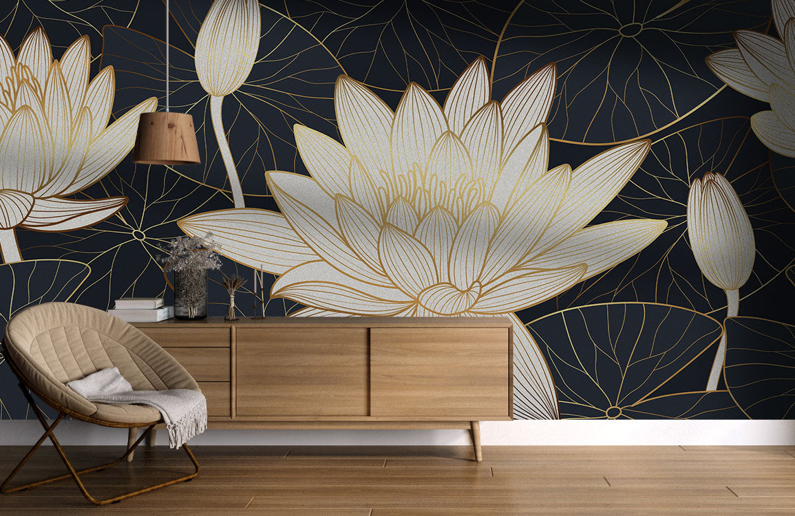 Elegant Lotus Blossom mural wallpaper in gold and navy adorns living room with wooden flooring.