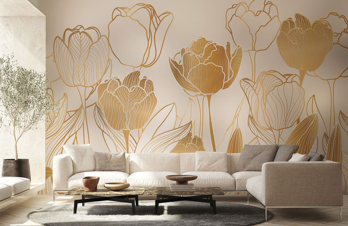 Elegant Gold Tulip Floral Mural Wallpaper in living room with white sofa, grey rug, contemporary style.