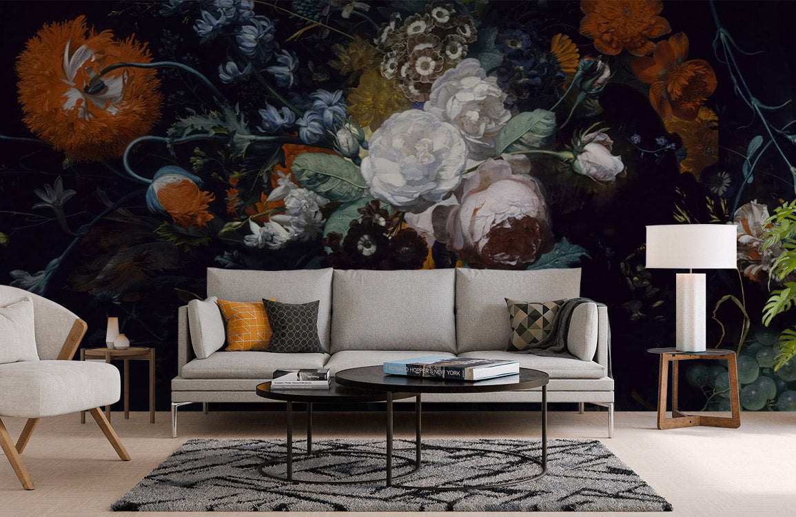 Vintage botanical mural wallpaper accentuates modern living room with beige sofa, patterned rug, and armchair.