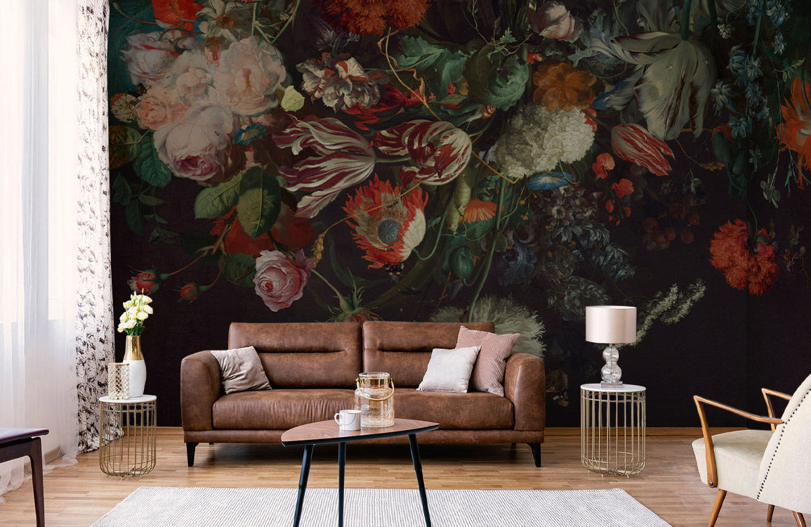 Vintage Dark Floral Mural Wallpaper in living room with brown leather sofa and wooden flooring.