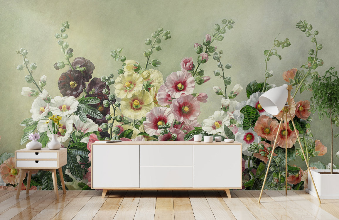 Elegant floral mural wallpaper, pastel vintage watercolour style; light wood flooring, white sideboard, floor lamp.