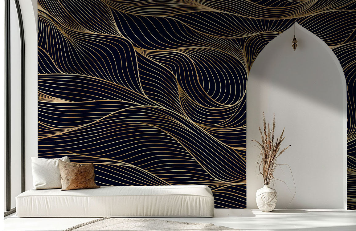 Elegant black and gold wave wallpaper with white sofa, arched doorway, luxury room design.