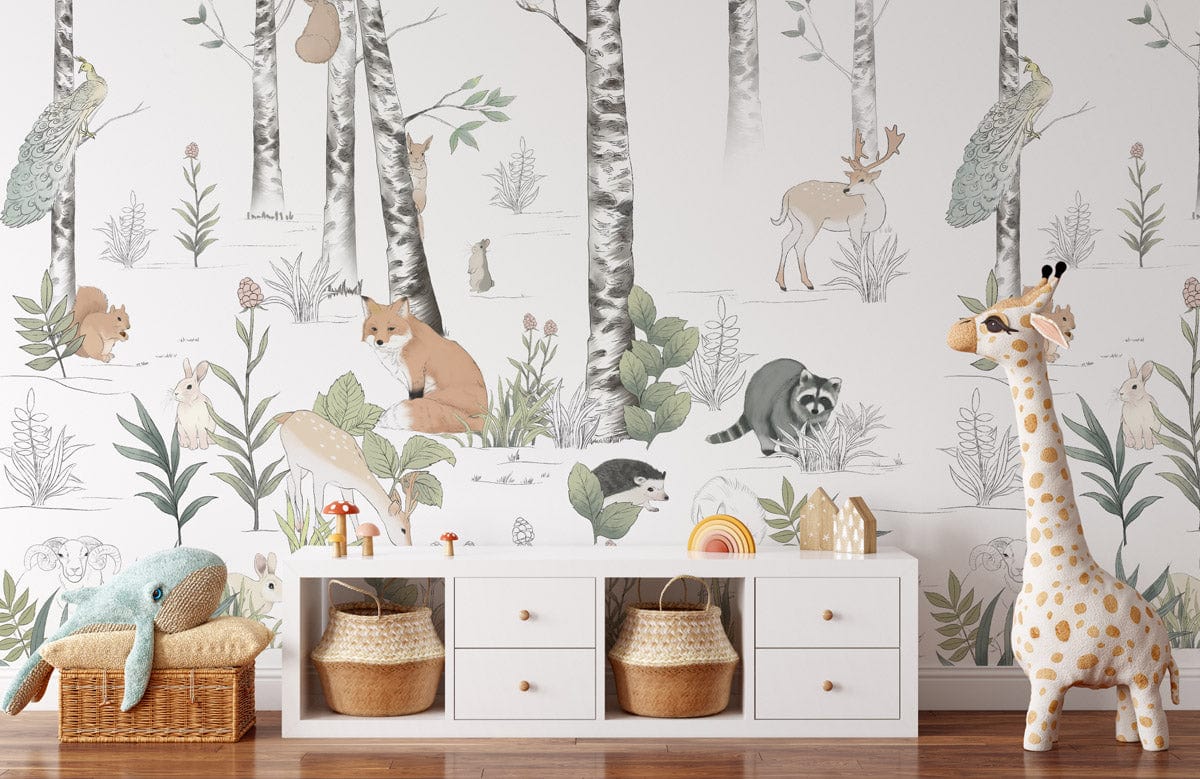 Enchanted Woodland Creatures Mural Wallpaper, pastel forest theme, white dresser, wooden floor, nursery.