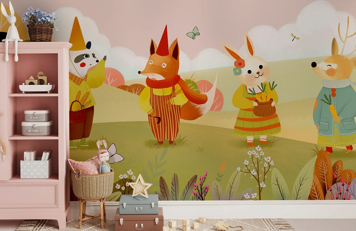 Alt text: Pink pastel animal mural wallpaper in children's room with whimsical fox, rabbit, and hedgehog scene.