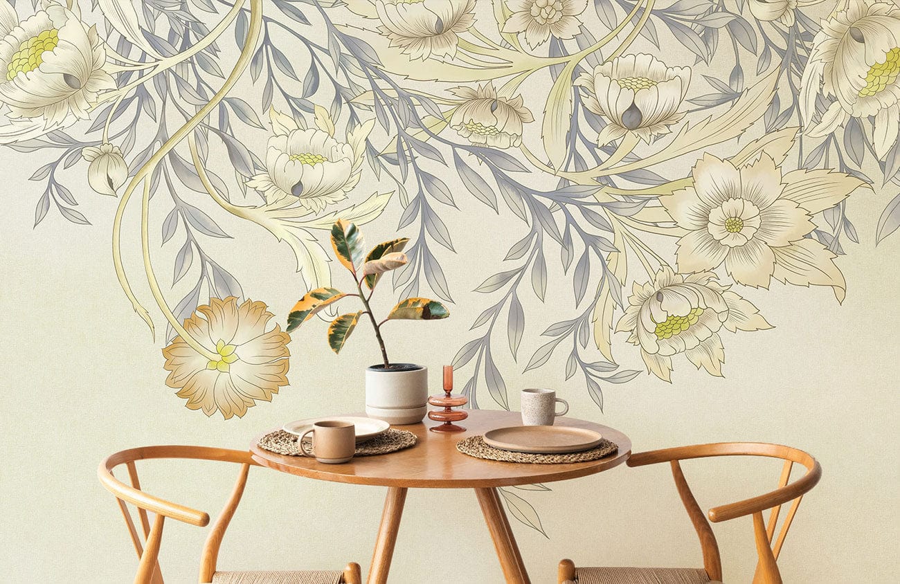 Vintage floral wallpaper in beige and green tones, wooden dining set, elegant dining room Décor.