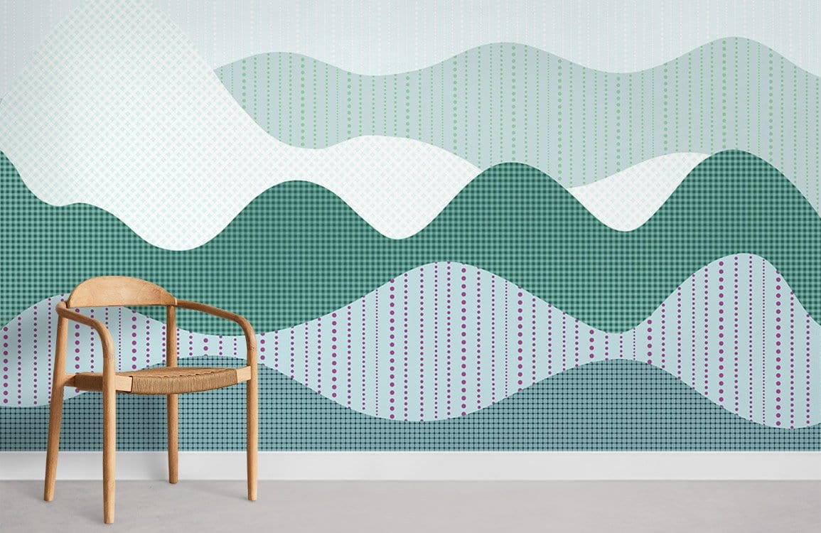 Mint Green Geometric Wave Pattern Wallpaper with wooden chair and grey flooring in modern decor.