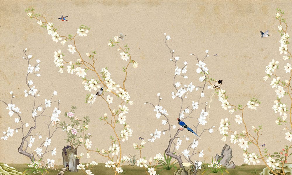 Elegant Vintage Floral Birds Beige Mural Wallpaper, Natural Botanical Serenity Design