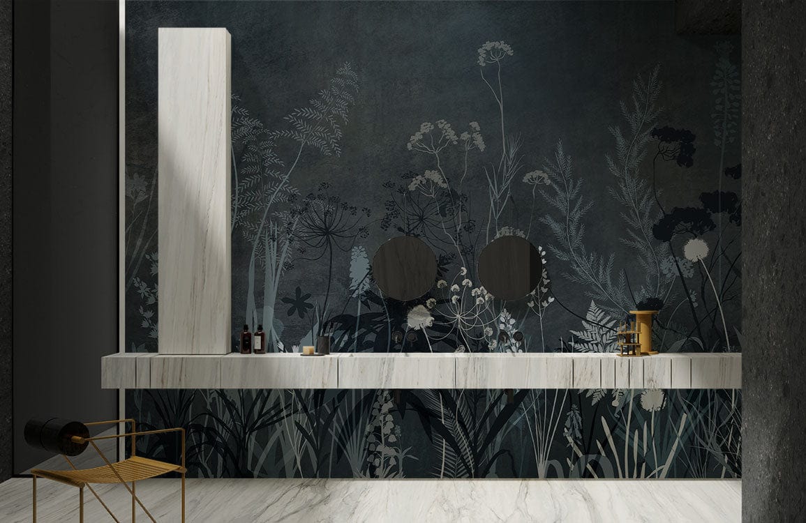 Midnight Botanical Elegance dark floral mural wallpaper in grey tones, marble countertop, bathroom setting.