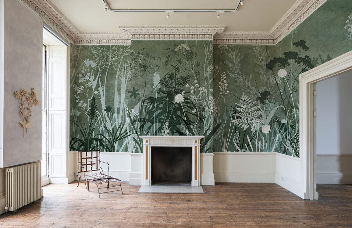 Botanical Forest Green Floral Mural Wallpaper in elegant nature pattern, with vintage fireplace, wooden floor.