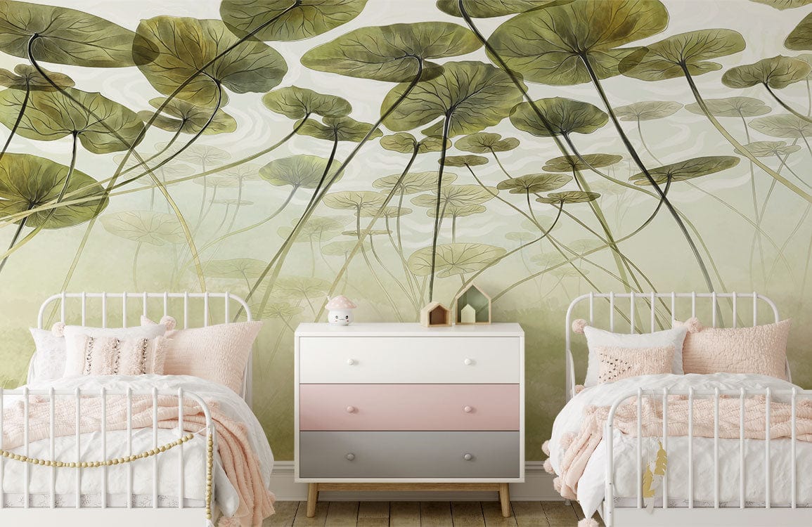 Serene Lotus Pond Mural Wallpaper in green watercolour, children's bedroom, pastel beds, wooden flooring.