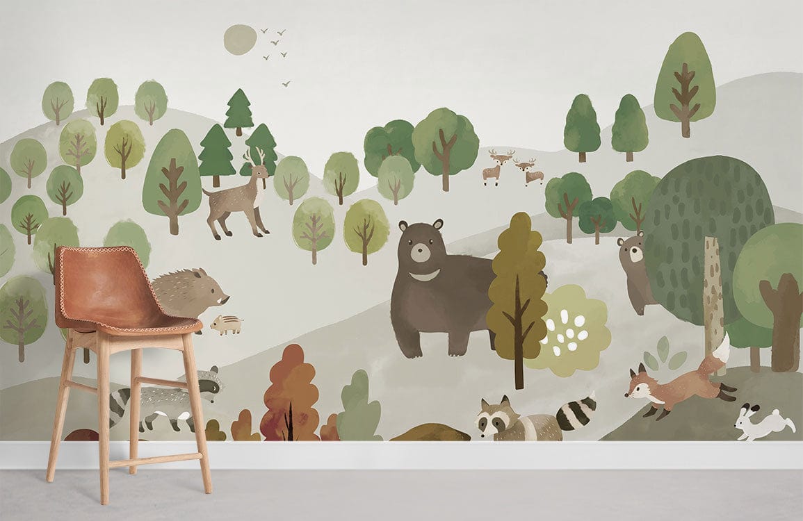 Whimsical Woodland Animals Mural Wallpaper, soft pastels, earthy tones with brown wooden chair, grey floor.