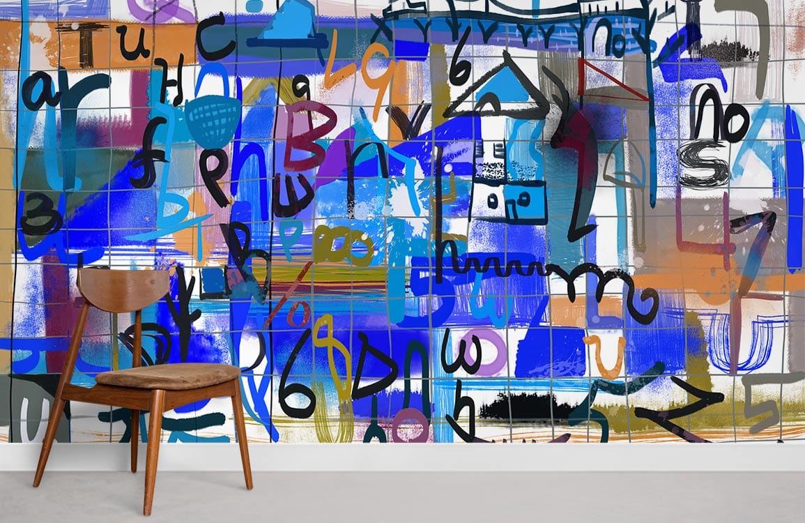 Contemporary abstract alphabet blue-orange graffiti mural wallpaper with wooden chair on concrete flooring.