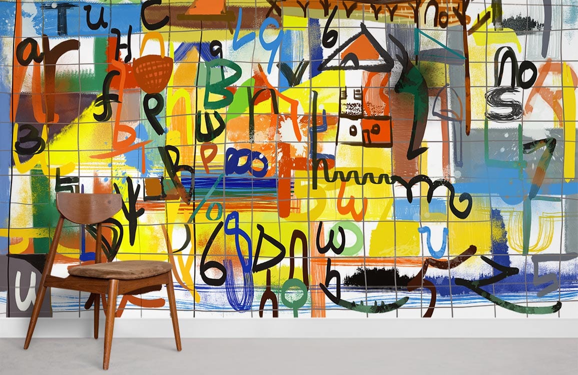 Vibrant abstract letters mural wallpaper with mid-century wooden chair on grey flooring in modern room.