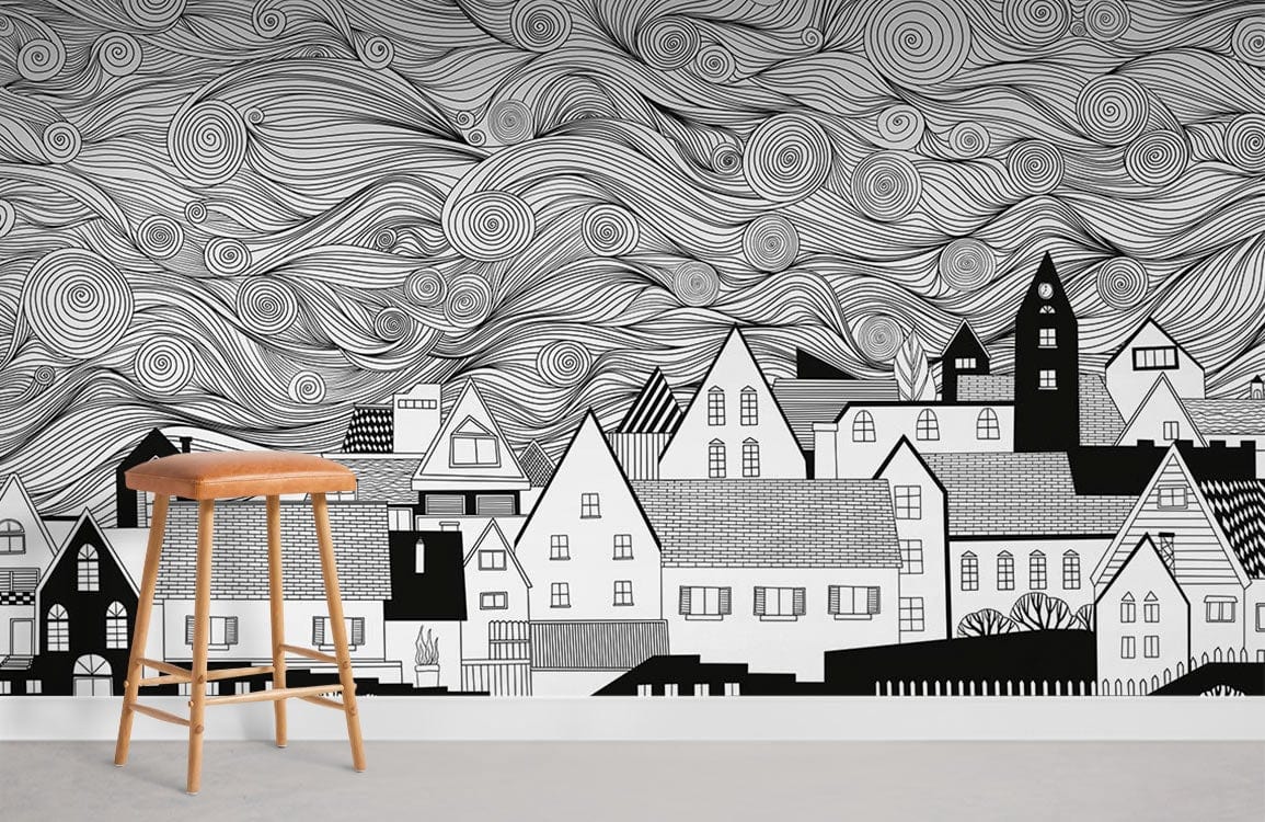 Black & White Whimsical Town Mural Wallpaper with stool, abstract swirling sky, contemporary home decor.