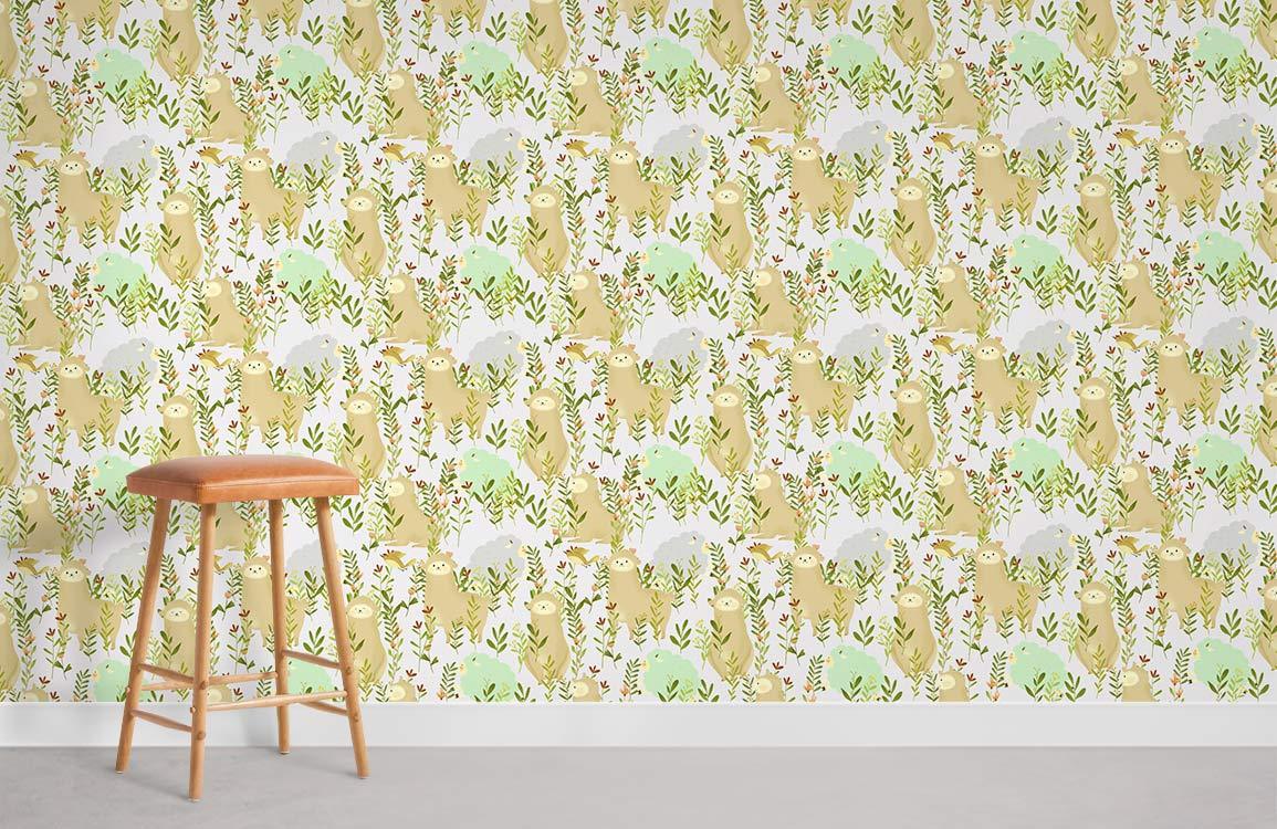 Pastel Woodland Animal Adventure Wallpaper, playful nature design, wooden stool, light grey flooring.