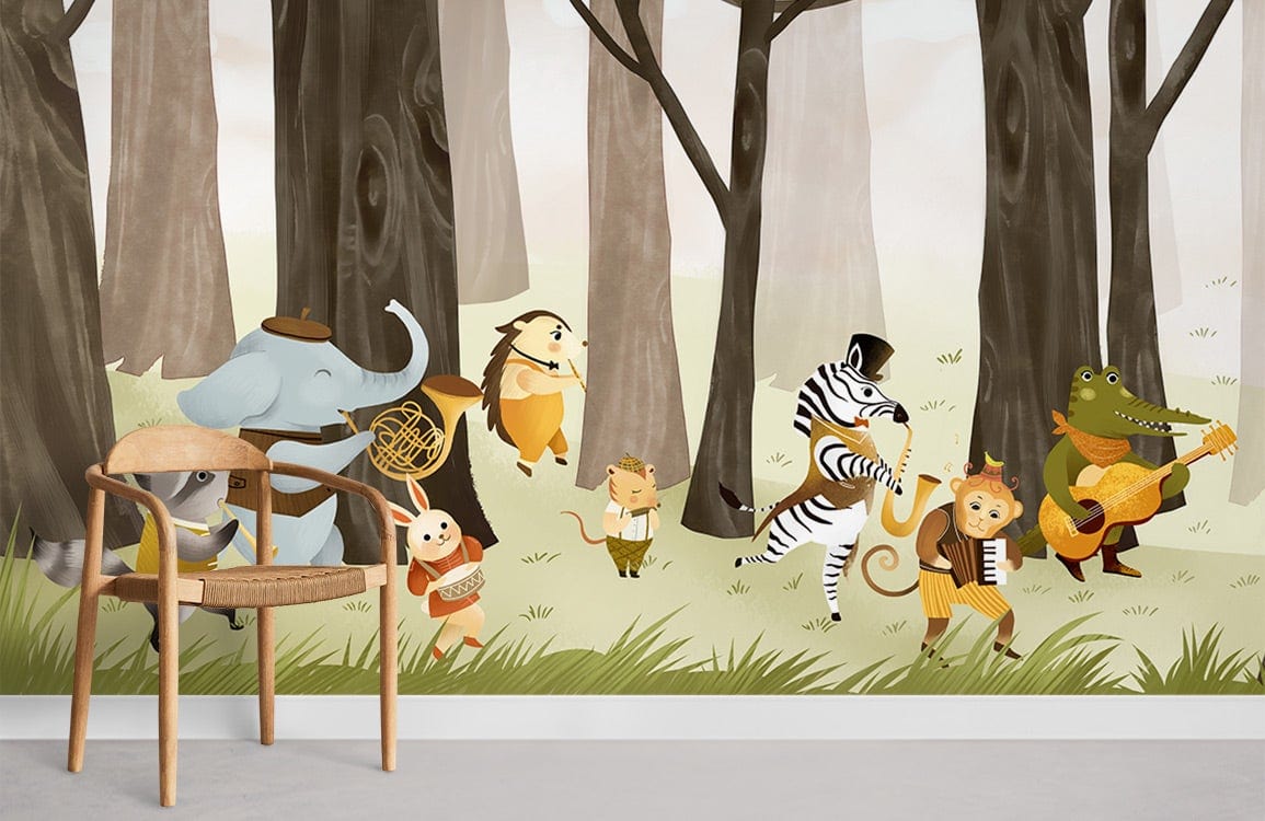 Whimsical woodland animal mural wallpaper, brown forest scene with wooden chair, grey flooring in living room.