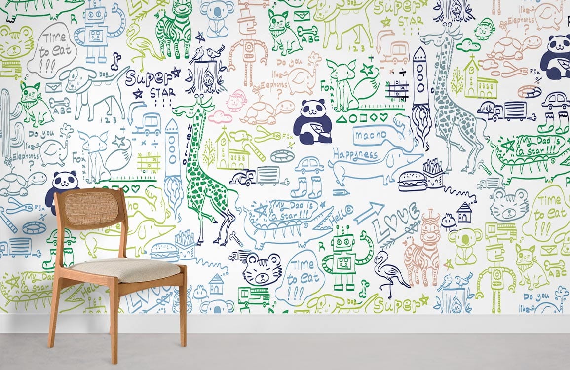 Whimsical safari doodle mural wallpaper with colourful animals, wooden chair, and grey flooring in room.