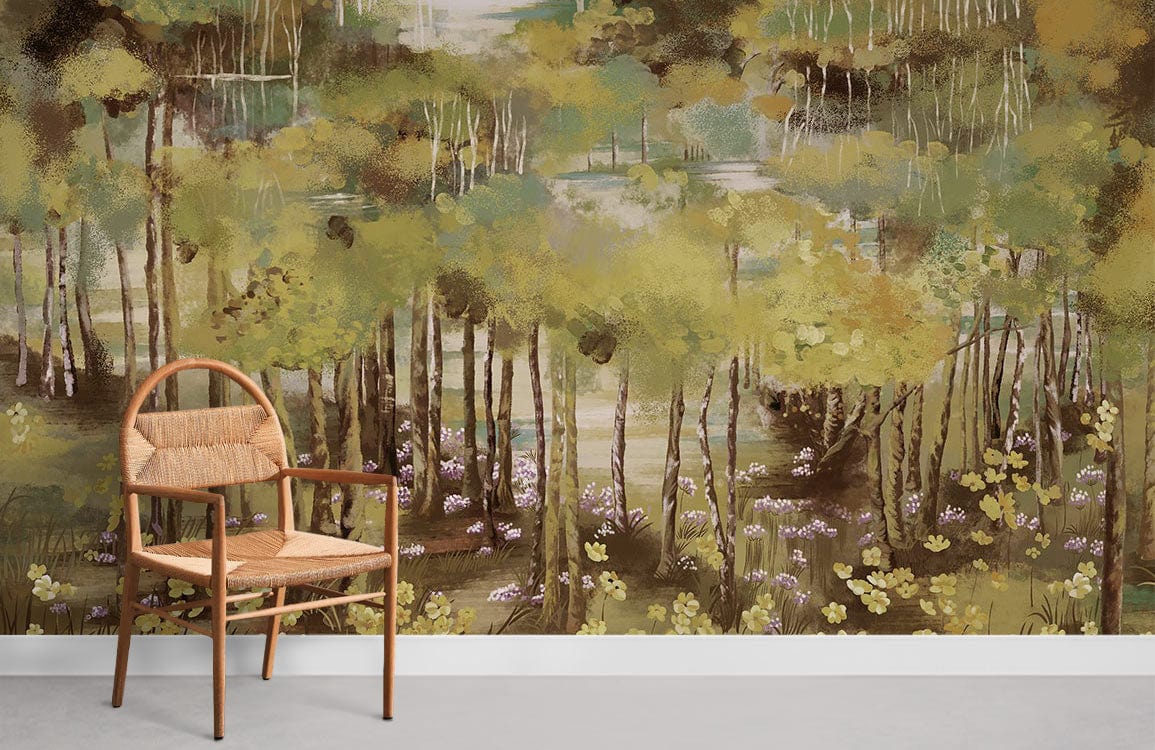 Chair with Enchanted Woodland Forest Mural Wallpaper featuring lush greenery, dimension available in detailed view.