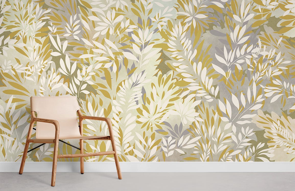 Botanical Oasis Leaf Pattern Wallpaper in olive and cream tones beside modern wooden chair in living room.