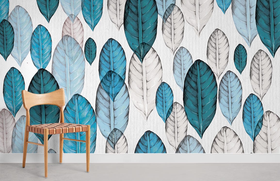 Aqua blue and grey feather mural wallpaper in elegant room with wooden chair, light grey flooring.