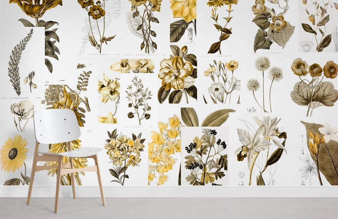 Vintage botanical mural wallpaper showcasing mustard yellow and olive green floral design with white chair.