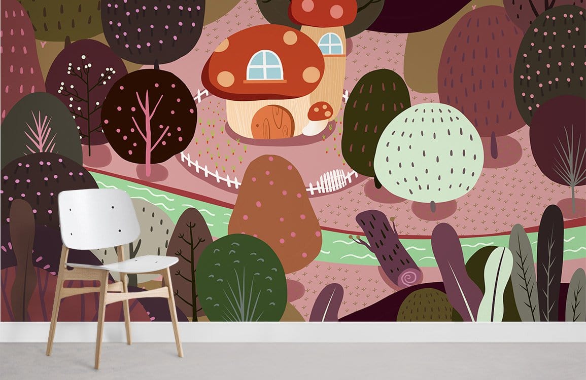 Whimsical woodland wallpaper, earthy tones, playful design; white chair, light hardwood flooring, room setting.