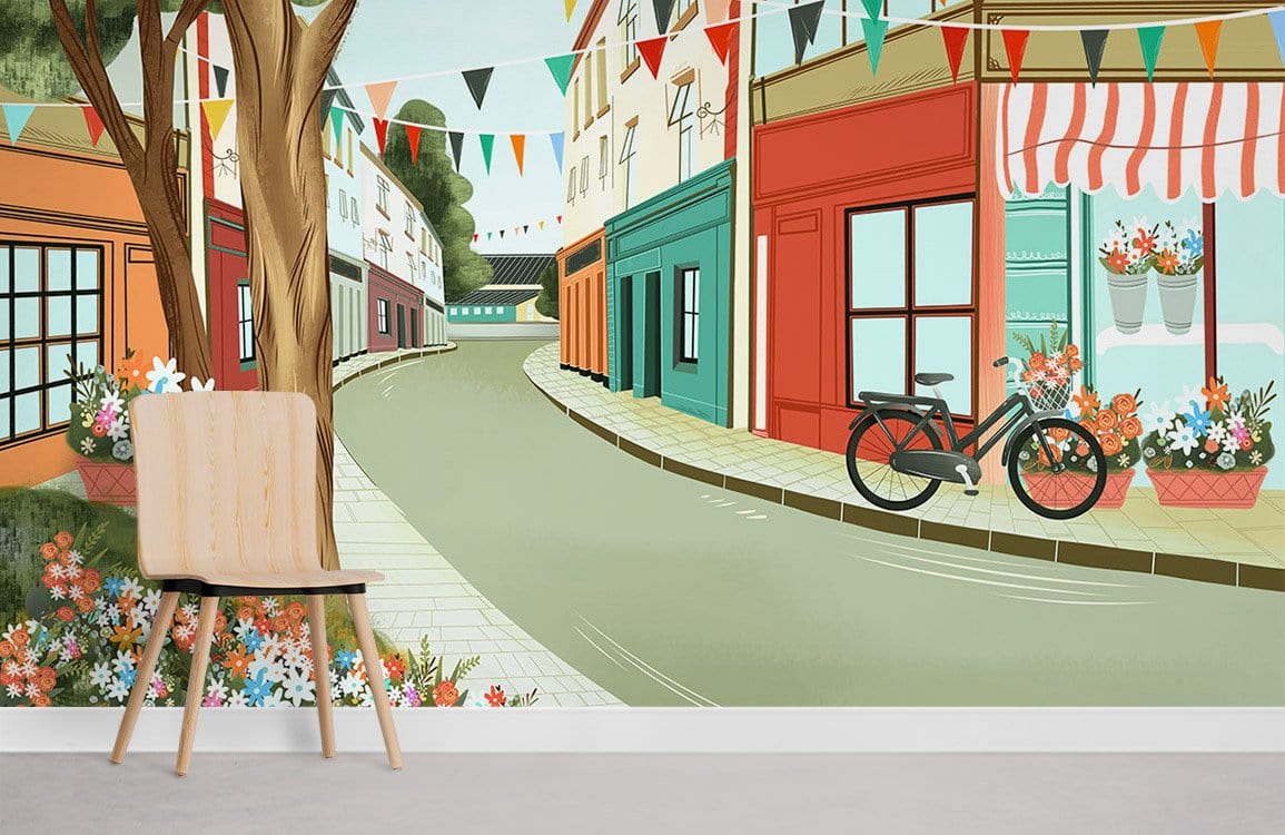 Charming vintage village bicycle mural wallpaper, pastel tones, wooden chair, modern interior, vibrant decor.