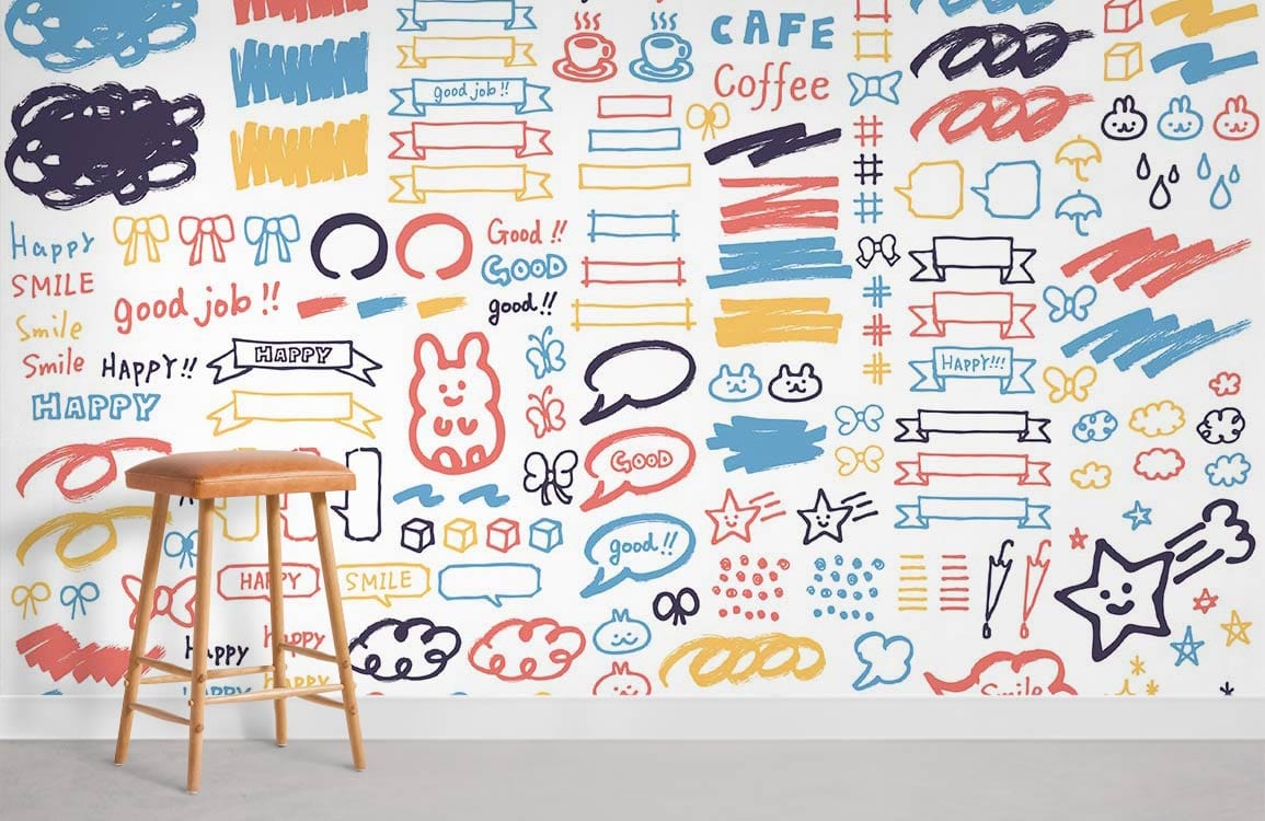 Colourful sketch doodle wallpaper in creative space with wooden stool, ideal for cafés, vibrant decor.