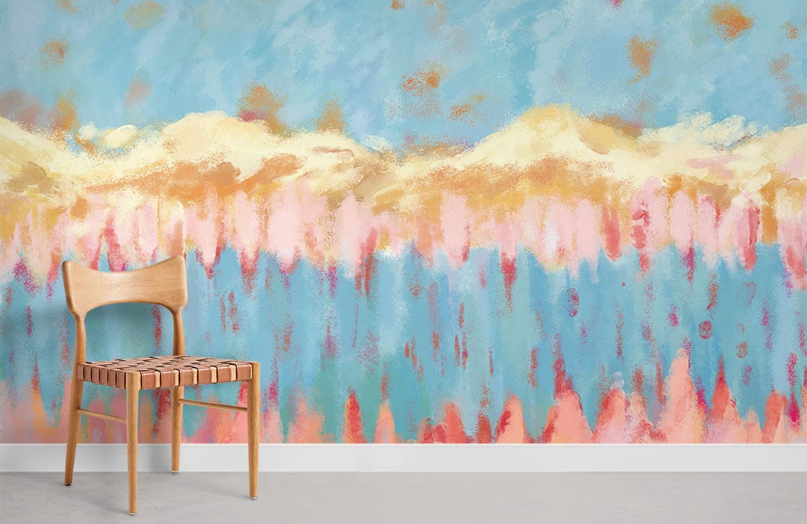 Serene Pastel Abstract Landscape Mural, wooden chair, soft blue pink wallpaper, elegant modern room decor.