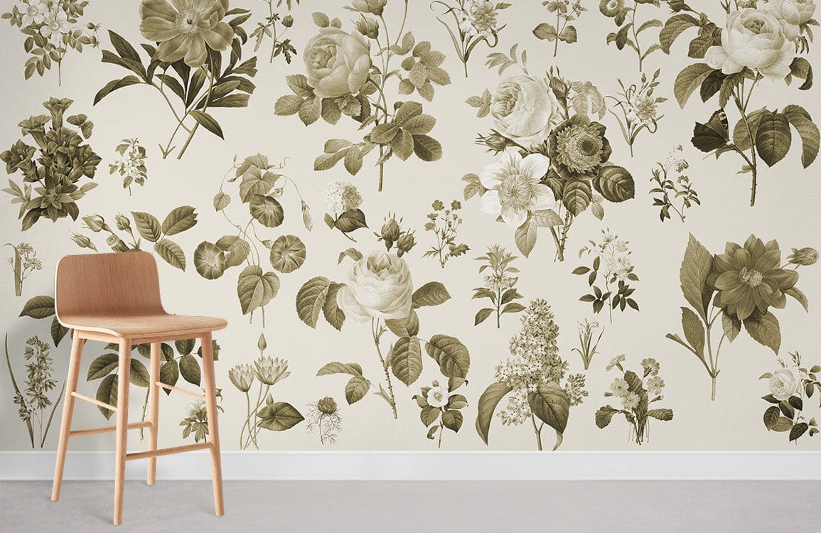 Vintage sepia floral wallpaper; wooden chair; classic interior design; botanical pattern; neutral wall.