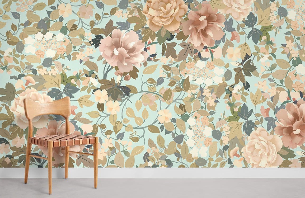 Vintage Floral Elegance wallpaper in chic interior with wooden chair, soft pastel flower design.