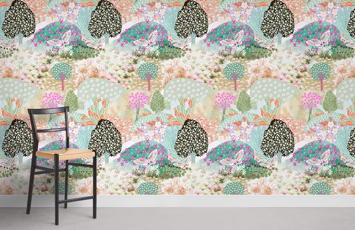 Pastel Dreamscape Garden Floral Mural Wallpaper with black chair, neutral flooring in serene room.