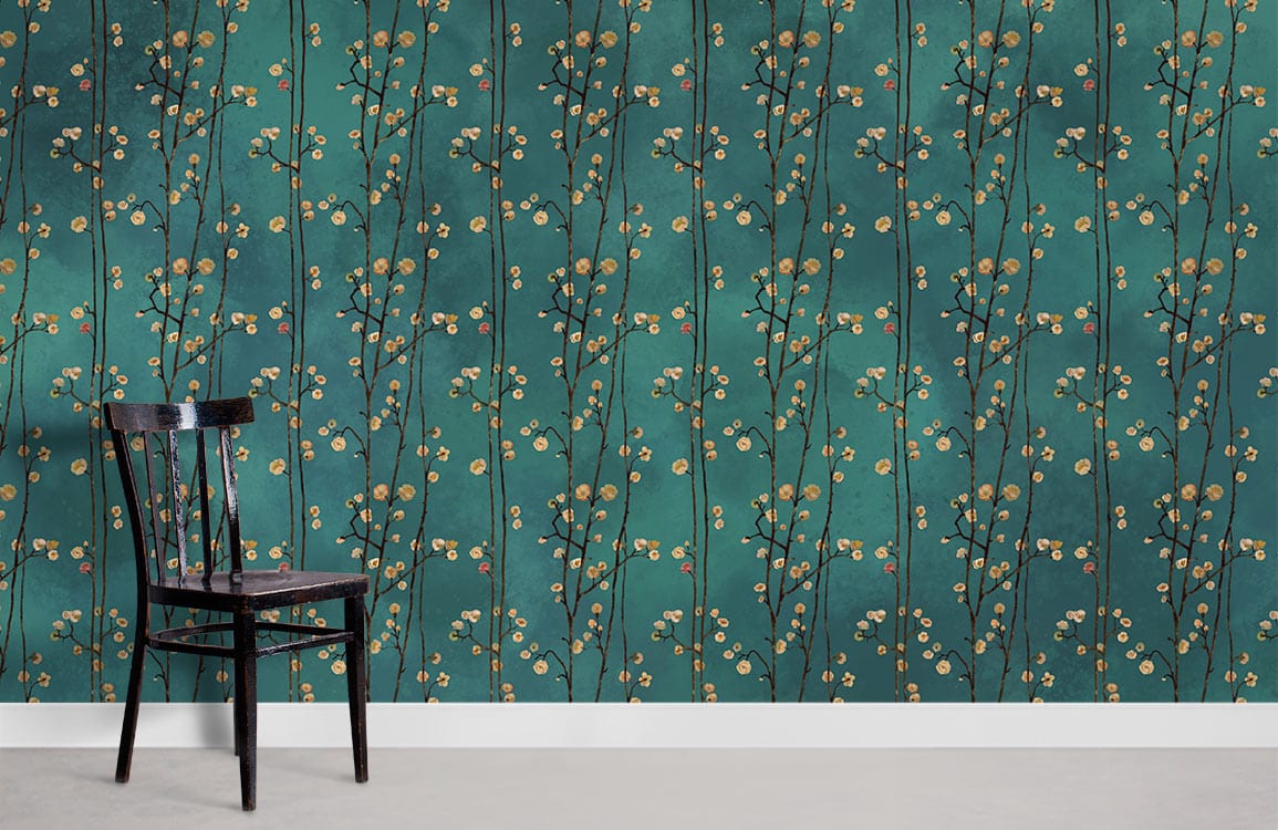 Teal floral wallpaper with vintage design alongside black wooden chair on grey flooring.