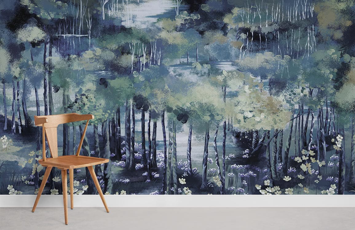 Woodland mural wallpaper in green and blue tones with wooden chair on concrete floor in living space.