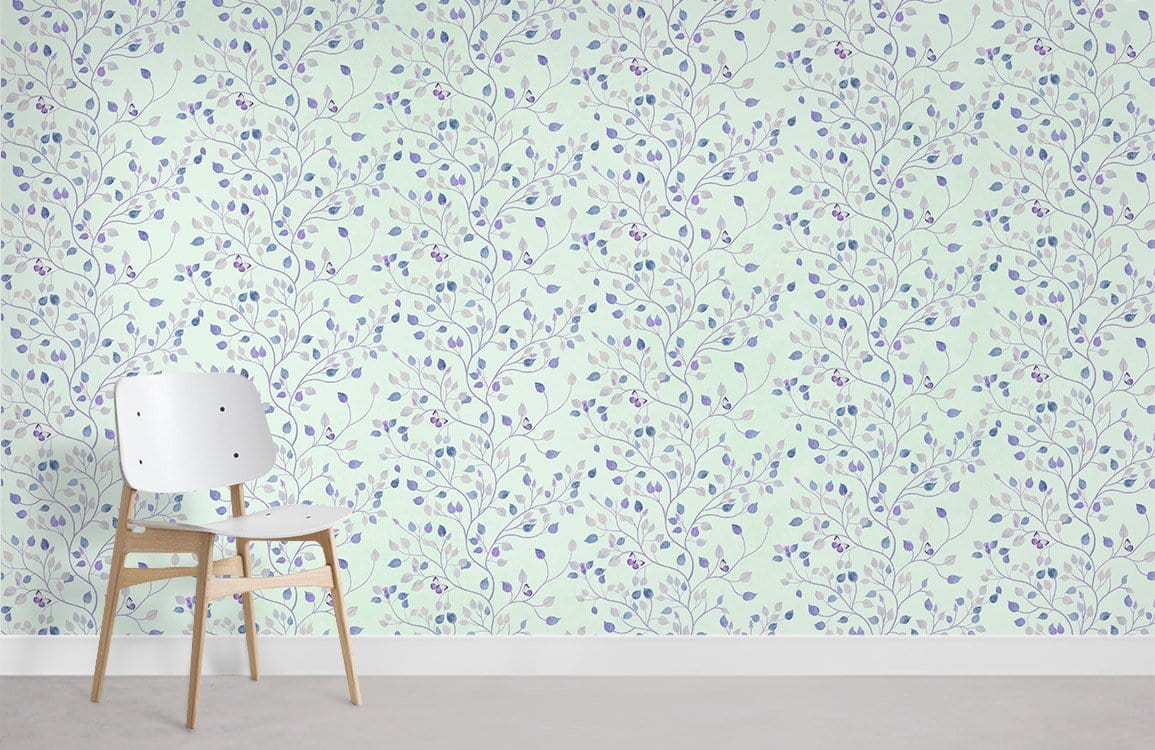 Floral mint green and lavender wallpaper in elegant room with wooden chair and light grey flooring.