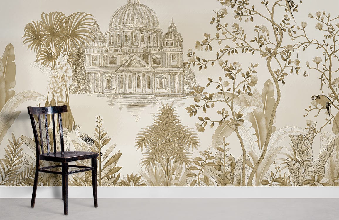 Vintage Italian Architectural Mural Wallpaper with sepia botanical design, featuring black chair, concrete flooring.