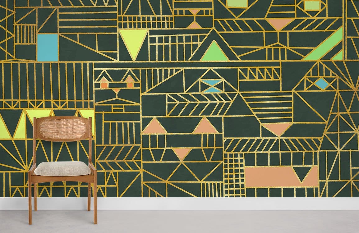 Geometric gold teal Art Deco wallpaper, dark background, wooden chair, light grey flooring, modern room.