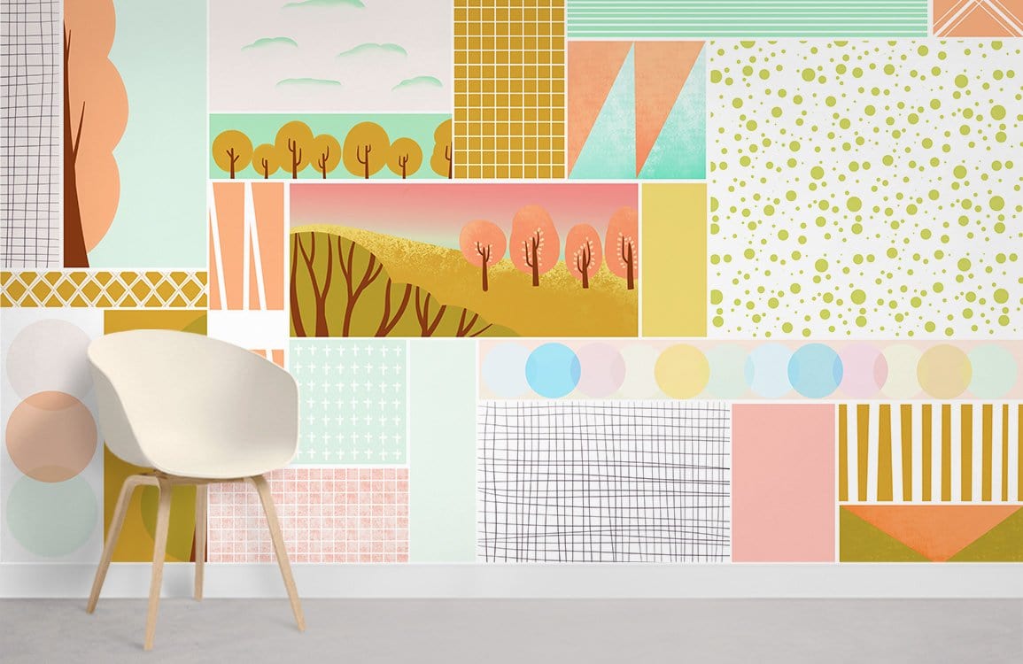 Pastel geometric landscape mural wallpaper with trees, patterns, white chair, modern room decor.