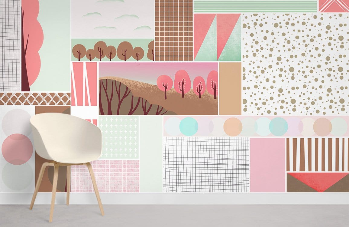 Pastel geometric mural wallpaper, pink and taupe design, modern chair, grey flooring in stylish room.