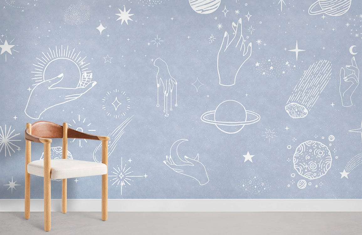 Celestial Dreams blue universe wallpaper, bedroom setting, wooden chair, white seat, light grey flooring.