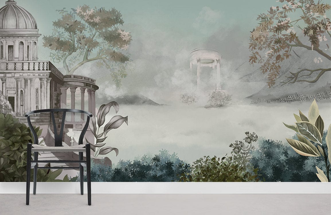 Serene pastel fantasy mural wallpaper with Roman architecture, black chair, light grey flooring, wall art.