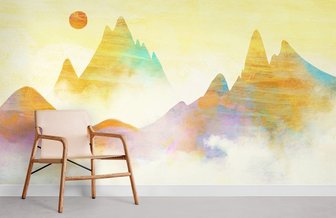 Alt text: Sunset Pastel Mountains wall mural; serene yellow landscape Décor, beige chair, minimalist room setting.