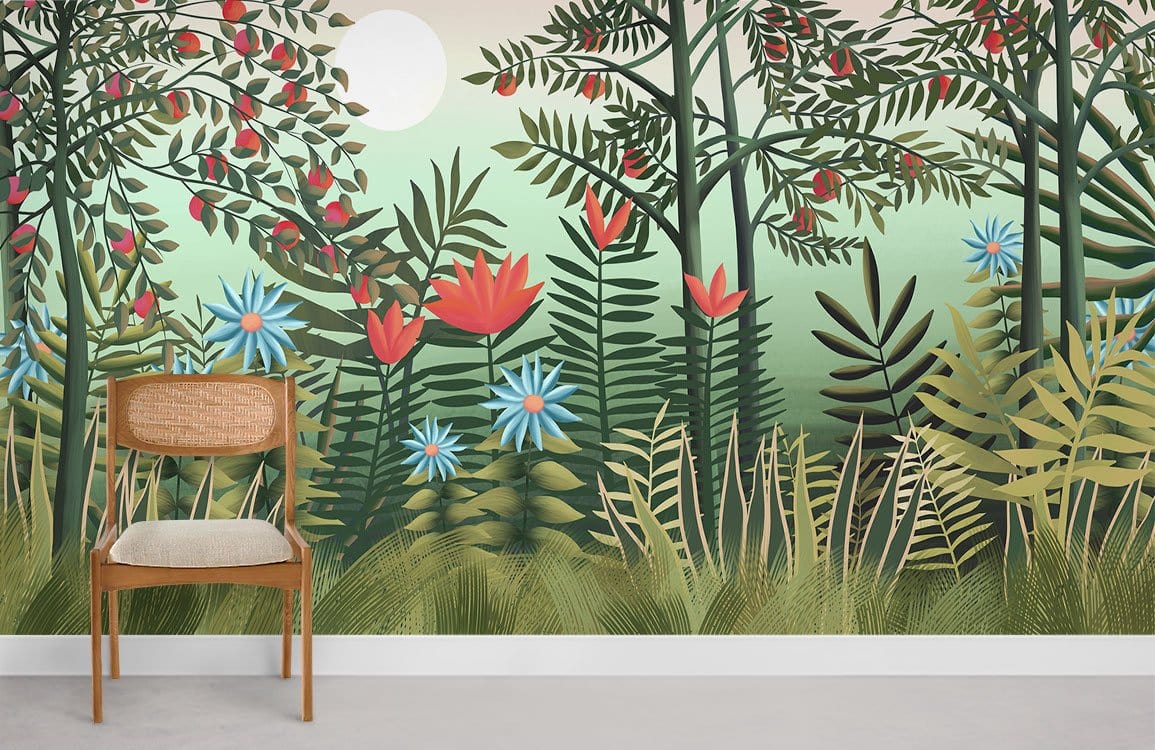 Lush Botanical Garden Wall Mural; pastel design, wood chair, white walls, elegant living room setting.