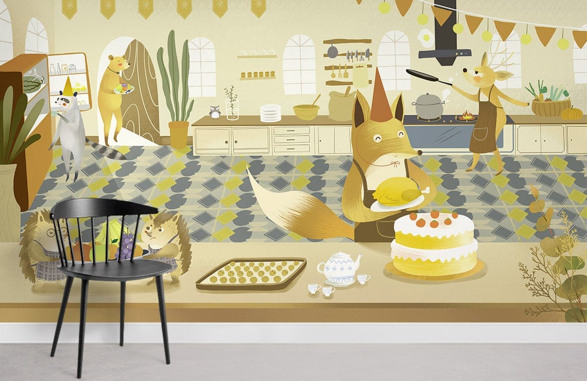 Whimsical woodland animal bakery mural wallpaper in soft yellow, black chair, Scandinavian style, kitchen scene.