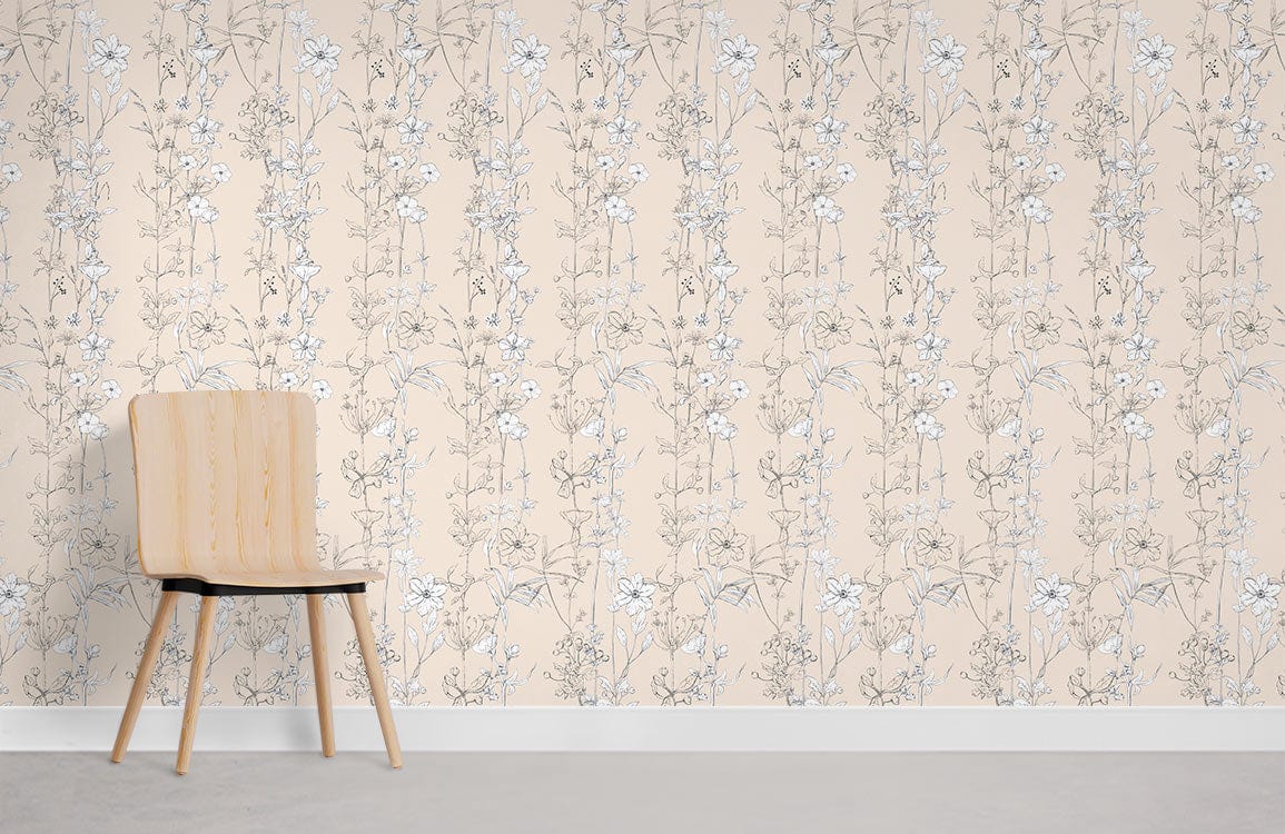 Elegant beige floral wallpaper in classic interior with wooden chair, grey flooring. Perfect for living areas.