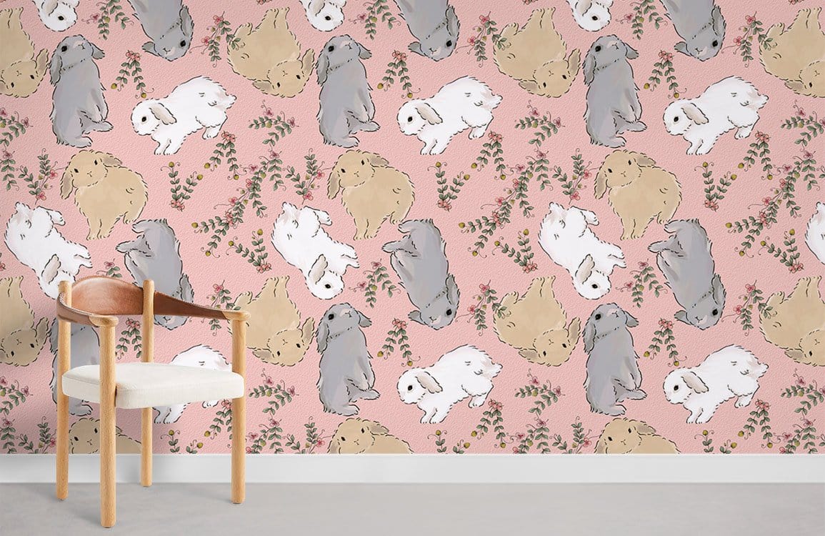 Charming pastel bunny wallpaper in pink nursery, wooden chair, grey flooring, perfect for children's room.